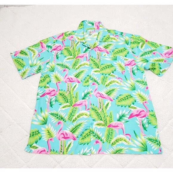 India Boutique Mens Turquoise Pink Flamingo Hawaiian Shirts Short Sleeve Size L - Picture 2 of 10